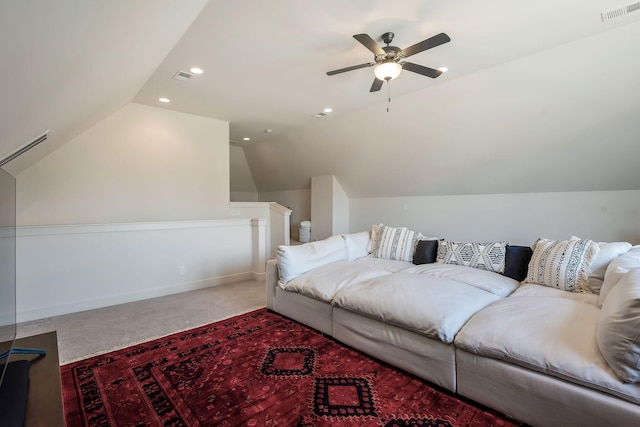 215 Ernest Dr, Lebanon, TN 37087 - living room featuring vaulted ceiling, carpet floors, a ceiling fan, and recessed lighting