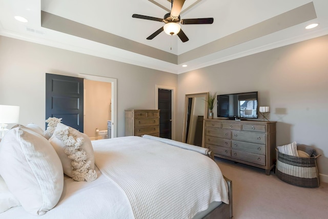 215 Ernest Dr, Lebanon, TN 37087 - bedroom with a tray ceiling, light carpet, recessed lighting, connected bathroom, and a ceiling fan