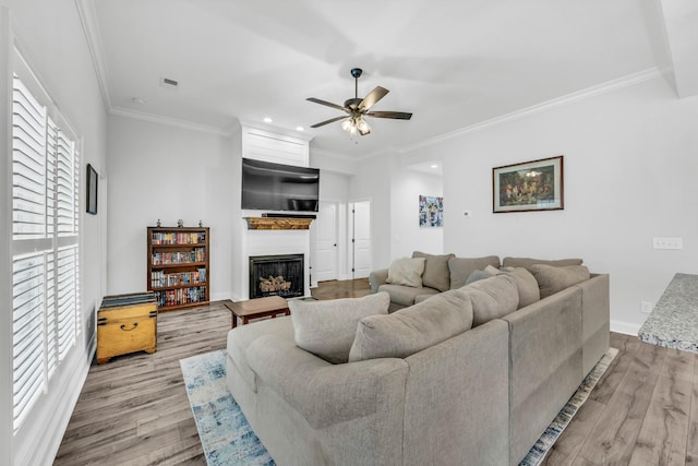 1055 Wittys Way, Clarksville, TN 37043 - living room with ceiling fan, ornamental molding, wood finished floors, a large fireplace, and recessed lighting