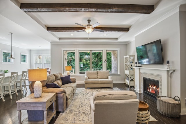 2016 Oliver Dr, Mount Juliet, TN 37122 - living room featuring ceiling fan, dark wood-style floors, beamed ceiling, a fireplace, and recessed lighting