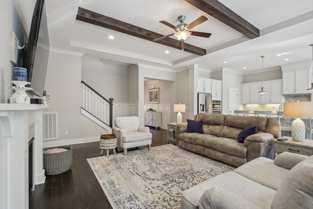 2016 Oliver Dr, Mount Juliet, TN 37122 - living room featuring a ceiling fan, stairway, beamed ceiling, recessed lighting, and dark wood-type flooring