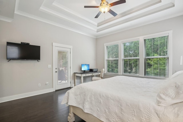 2016 Oliver Dr, Mount Juliet, TN 37122 - bedroom with a raised ceiling, access to exterior, dark wood-type flooring, ornamental molding, and a ceiling fan