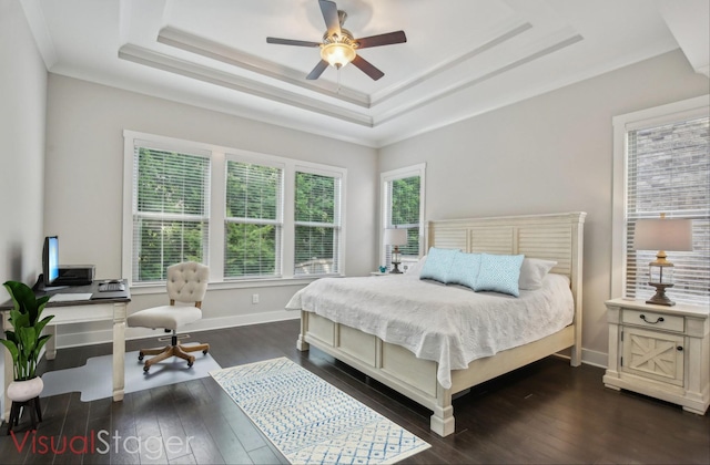 2016 Oliver Dr, Mount Juliet, TN 37122 - bedroom featuring a raised ceiling, dark wood-style floors, a desk, and ceiling fan