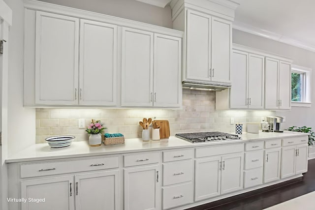 2016 Oliver Dr, Mount Juliet, TN 37122 - kitchen with stainless steel gas stovetop, white cabinets, and decorative backsplash