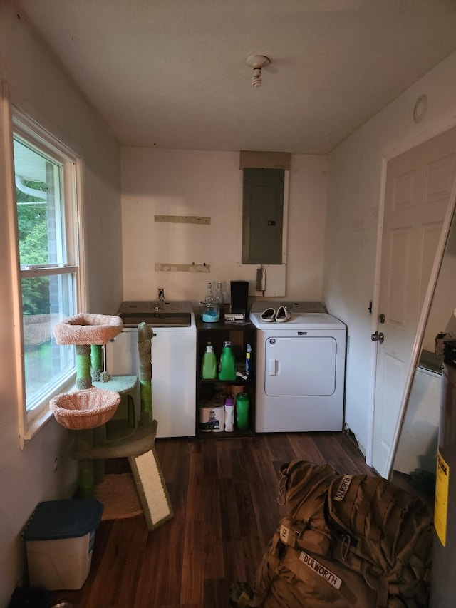 513 Draper Ln, Gainesboro, TN 38562 - laundry area with electric panel, washer and dryer, and dark wood-style flooring