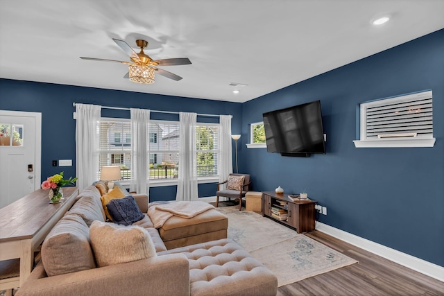 652 Taylor Bend Rd, Columbia, TN 38401 - living room featuring wood finished floors, a ceiling fan, and recessed lighting