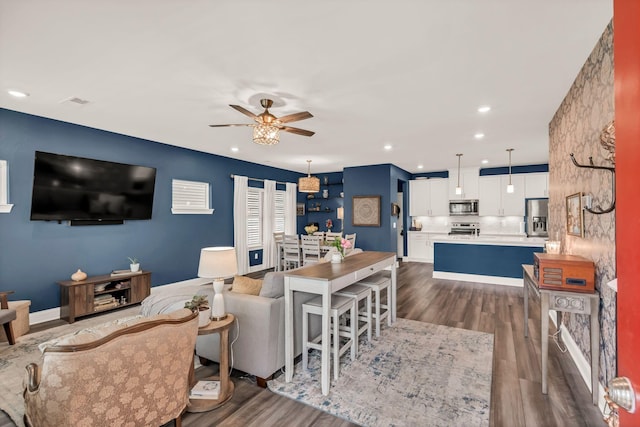 652 Taylor Bend Rd, Columbia, TN 38401 - living area with dark wood-style floors, ceiling fan, and recessed lighting