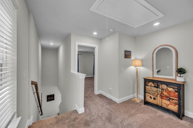 652 Taylor Bend Rd, Columbia, TN 38401 - hall with attic access, an upstairs landing, carpet flooring, and recessed lighting
