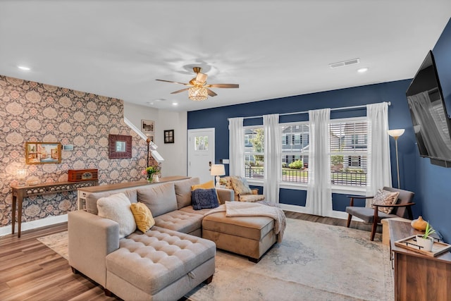 652 Taylor Bend Rd, Columbia, TN 38401 - living room featuring ceiling fan, light wood finished floors, an accent wall, and recessed lighting