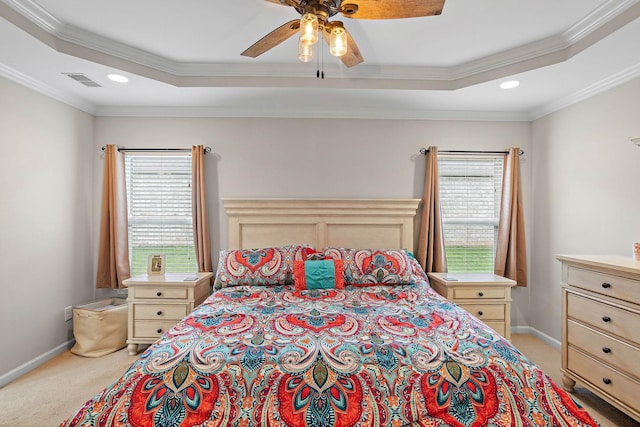 341 Lola Ln, Cottontown, TN 37048 - bedroom featuring light colored carpet, multiple windows, ornamental molding, recessed lighting, and a tray ceiling