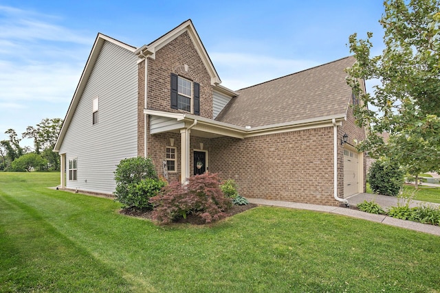 341 Lola Ln, Cottontown, TN 37048 - view of front of home featuring brick siding, a front yard, an attached garage, and roof with shingles