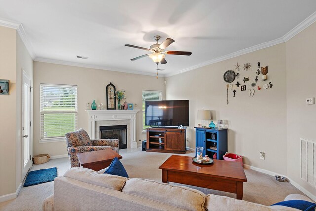 341 Lola Ln, Cottontown, TN 37048 - living area featuring light colored carpet, ornamental molding, a ceiling fan, and a premium fireplace