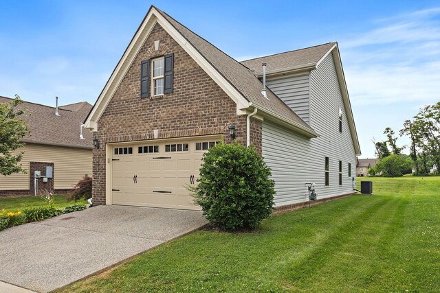 341 Lola Ln, Cottontown, TN 37048 - view of property exterior featuring concrete driveway, a lawn, an attached garage, roof with shingles, and brick siding