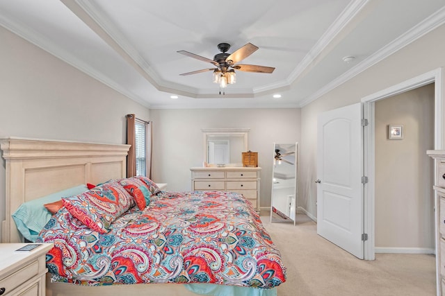 341 Lola Ln, Cottontown, TN 37048 - bedroom featuring a tray ceiling, light colored carpet, crown molding, ceiling fan, and recessed lighting