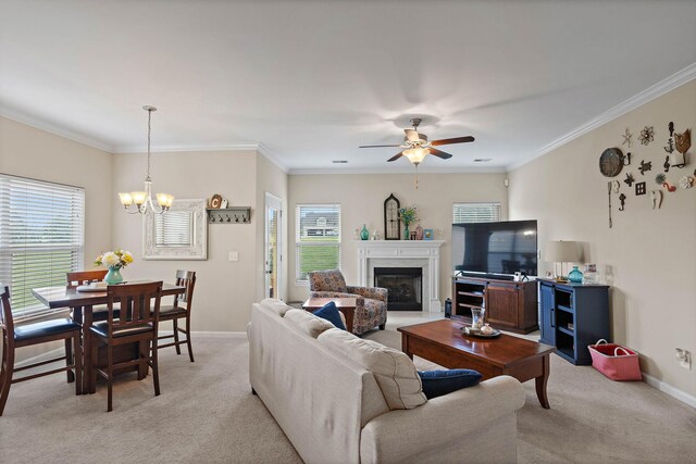 341 Lola Ln, Cottontown, TN 37048 - living area with light colored carpet, a chandelier, a ceiling fan, a premium fireplace, and crown molding