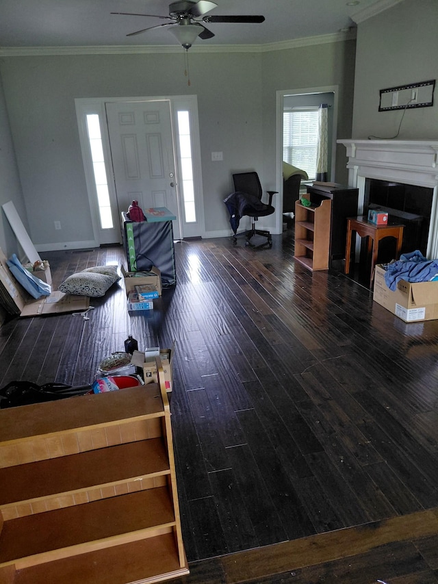 179 Avalon Dr, Gallatin, TN 37066 - living room with ceiling fan, hardwood / wood-style floors, ornamental molding, and a fireplace