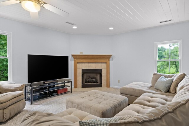 3604 Gentry Station Dr, Signal Mountain, TN 37377 - living room with carpet floors, healthy amount of natural light, recessed lighting, a tiled fireplace, and ceiling fan