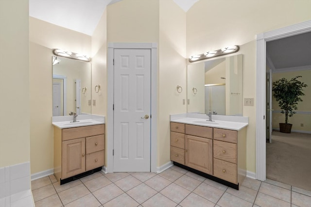 3604 Gentry Station Dr, Signal Mountain, TN 37377 - full bath with tile patterned flooring, two vanities, and a shower stall