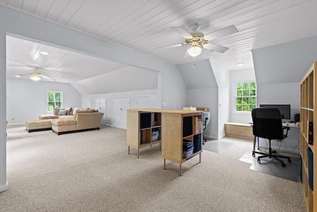 3604 Gentry Station Dr, Signal Mountain, TN 37377 - office area featuring ceiling fan, lofted ceiling, plenty of natural light, light colored carpet, and wooden ceiling