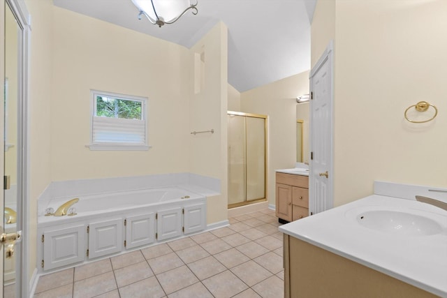 3604 Gentry Station Dr, Signal Mountain, TN 37377 - full bath with two vanities, a shower stall, tile patterned floors, and a bath