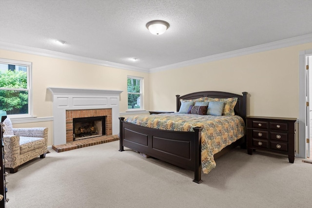 3604 Gentry Station Dr, Signal Mountain, TN 37377 - carpeted bedroom with crown molding, multiple windows, a textured ceiling, and a fireplace