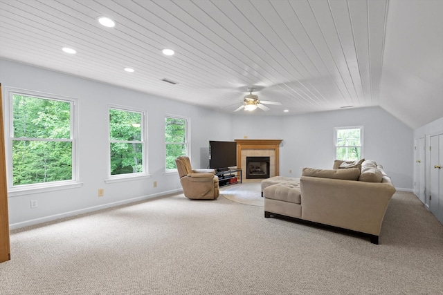 3604 Gentry Station Dr, Signal Mountain, TN 37377 - living area with recessed lighting, carpet, a tile fireplace, ceiling fan, and wooden ceiling