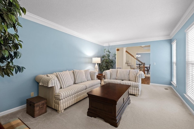 3604 Gentry Station Dr, Signal Mountain, TN 37377 - carpeted living room featuring crown molding, healthy amount of natural light, stairway, a chandelier, and a textured ceiling