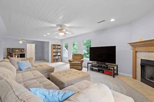 3604 Gentry Station Dr, Signal Mountain, TN 37377 - living room featuring light carpet, ceiling fan, a tiled fireplace, and recessed lighting