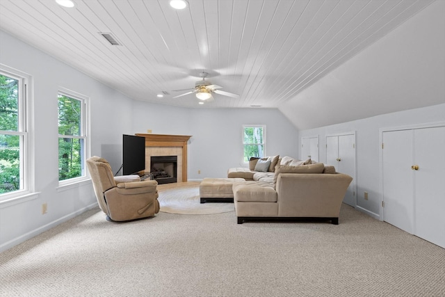 3604 Gentry Station Dr, Signal Mountain, TN 37377 - carpeted living room featuring recessed lighting, a fireplace, a ceiling fan, and wood ceiling