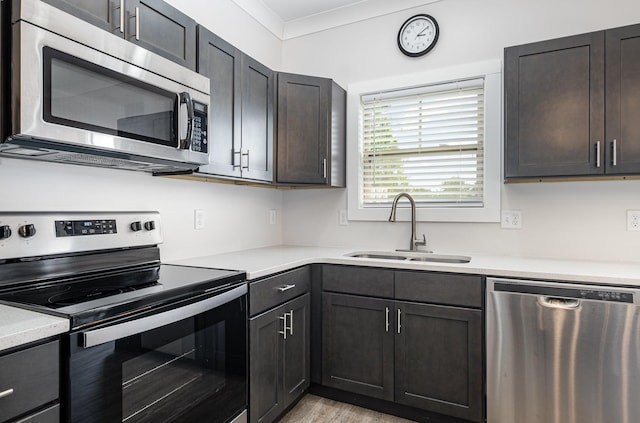 121 Bellvue Dr, Lebanon, TN 37090 - kitchen featuring appliances with stainless steel finishes, light countertops, and ornamental molding