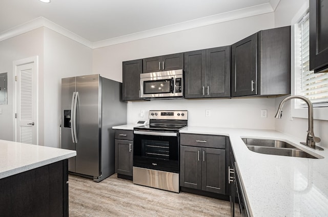 121 Bellvue Dr, Lebanon, TN 37090 - kitchen with stainless steel appliances, crown molding, light wood finished floors, light stone countertops, and electric panel