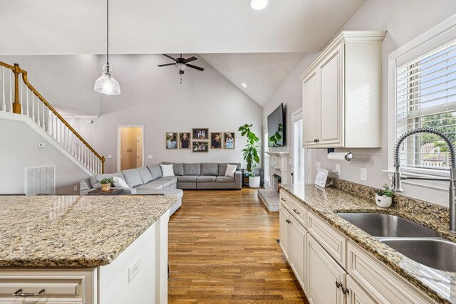 1005 Rudder Dr, Spring Hill, TN 37174 - kitchen with a ceiling fan, light wood-type flooring, a fireplace, recessed lighting, and open floor plan