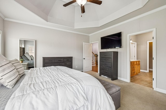 1005 Rudder Dr, Spring Hill, TN 37174 - bedroom featuring light carpet, ornamental molding, ensuite bath, and ceiling fan