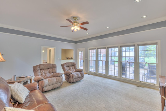 101 Spring Creek Trl, Hendersonville, TN 37075 - living area featuring a ceiling fan, ornamental molding, carpet floors, and recessed lighting