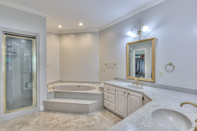101 Spring Creek Trl, Hendersonville, TN 37075 - full bathroom featuring a garden tub, a shower stall, double vanity, crown molding, and a spacious closet