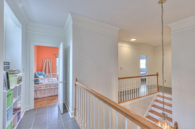 101 Spring Creek Trl, Hendersonville, TN 37075 - corridor featuring ornamental molding, tile patterned flooring, an upstairs landing, and recessed lighting
