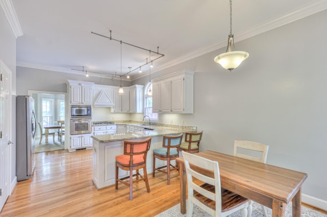 101 Spring Creek Trl, Hendersonville, TN 37075 - kitchen featuring stainless steel appliances, crown molding, rail lighting, a peninsula, and white cabinets