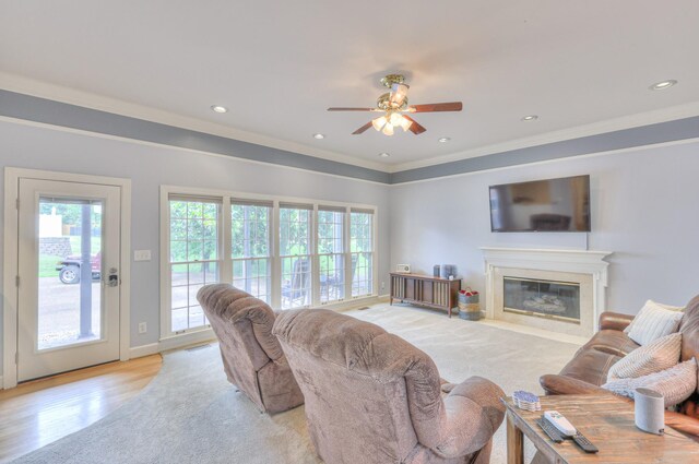 101 Spring Creek Trl, Hendersonville, TN 37075 - living area with a ceiling fan, ornamental molding, a high end fireplace, recessed lighting, and light wood-style floors