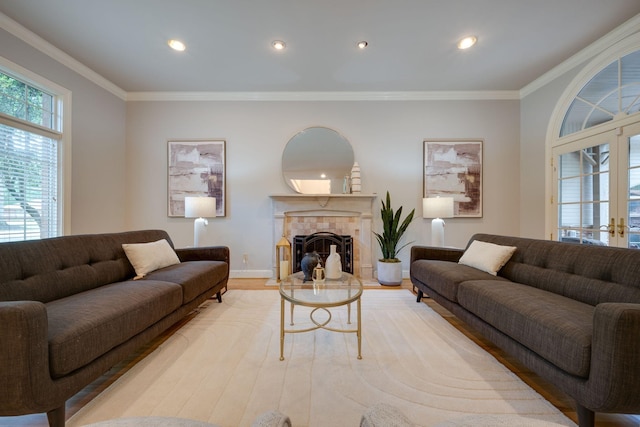 101 Oak Dr, Waverly, TN 37185 - living area with wood finished floors, ornamental molding, a tiled fireplace, and recessed lighting