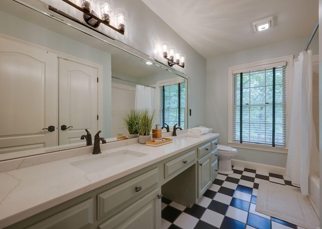 101 Oak Dr, Waverly, TN 37185 - full bath featuring tile patterned floors, double vanity, a shower with shower curtain, and a chandelier