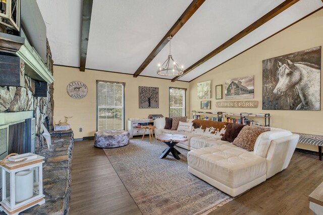 2600 Clanton Rd, Lawrenceburg, TN 38464 - living area with a chandelier, wood finished floors, and a fireplace
