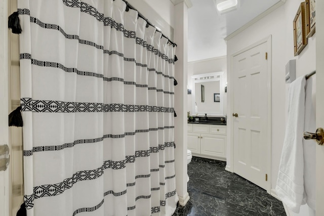 2600 Clanton Rd, Lawrenceburg, TN 38464 - bathroom featuring marble tiled floors, vanity, and curtained shower