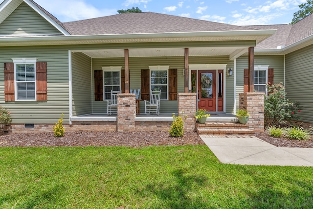 3215 Church St, Burns, TN 37029 - view of exterior entry featuring a porch, roof with shingles, a lawn, and crawl space