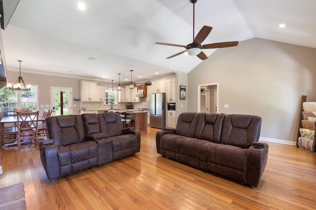 3215 Church St, Burns, TN 37029 - living area featuring light wood-type flooring, a ceiling fan, recessed lighting, a chandelier, and lofted ceiling