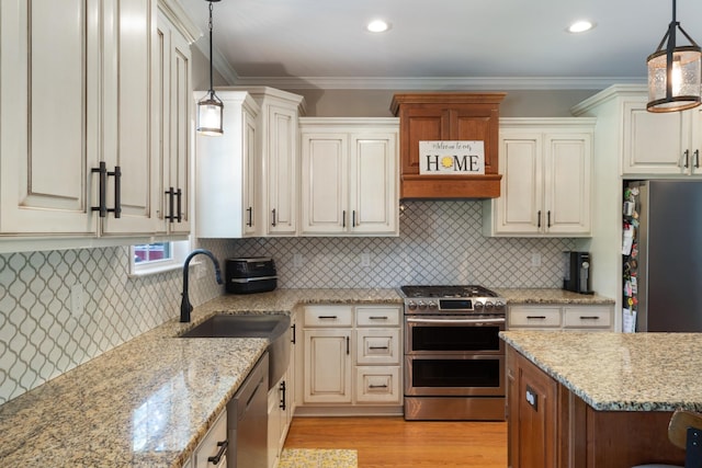 3215 Church St, Burns, TN 37029 - kitchen featuring appliances with stainless steel finishes, light stone counters, backsplash, light wood-style flooring, and crown molding