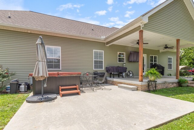3215 Church St, Burns, TN 37029 - view of patio featuring a hot tub, a ceiling fan, and grilling area