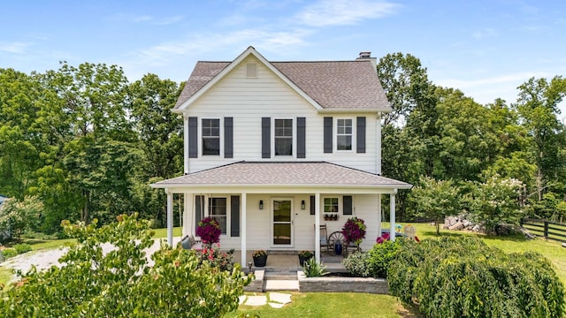 7811 Lampley Rd, Primm Springs, TN 38476 - view of front of house featuring a chimney, roof with shingles, and covered porch