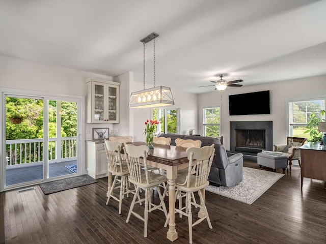 7811 Lampley Rd, Primm Springs, TN 38476 - dining space featuring healthy amount of natural light, a fireplace, and dark wood finished floors