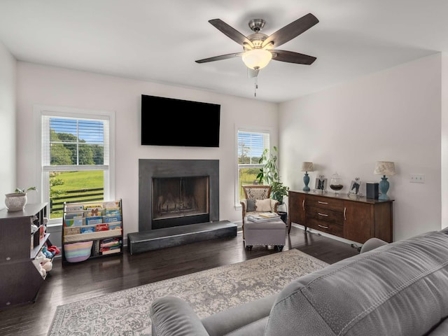 7811 Lampley Rd, Primm Springs, TN 38476 - living area featuring plenty of natural light, wood finished floors, a fireplace with raised hearth, and a ceiling fan