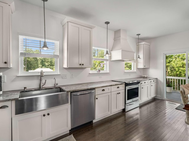 7811 Lampley Rd, Primm Springs, TN 38476 - kitchen featuring appliances with stainless steel finishes, custom range hood, plenty of natural light, and dark wood-style floors